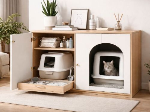 貓砂盆總是臭又亂？結合收納櫃設計，打造清爽無味的貓咪空間